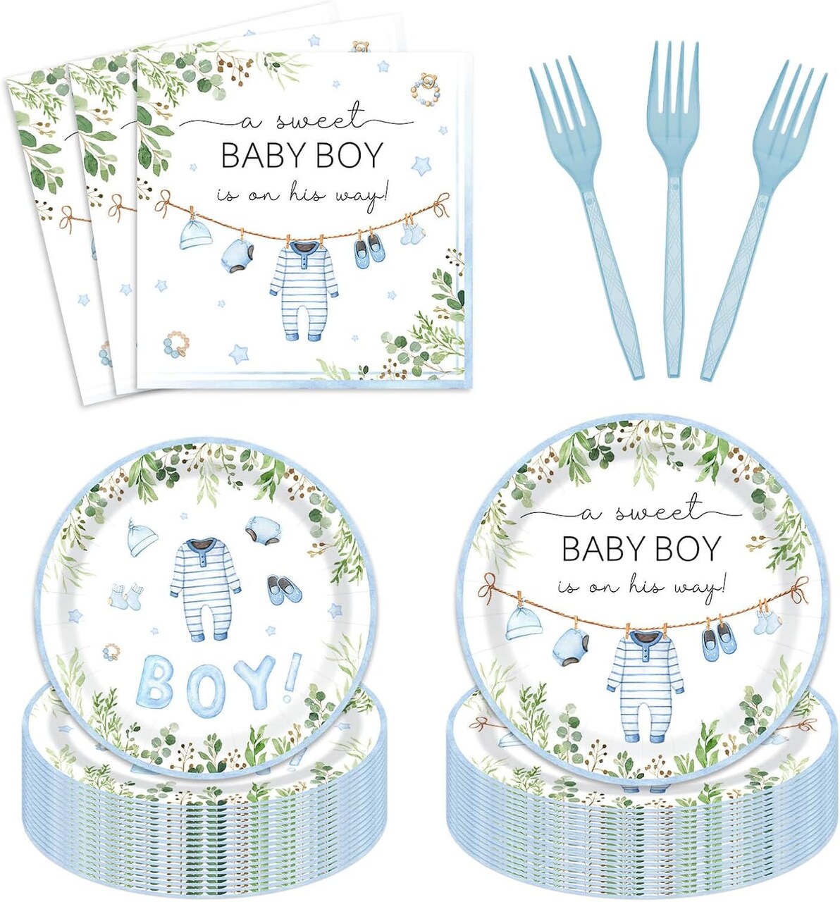 96PCS Boy Baby Shower Party Decoration & Tableware Sets - Serve 24